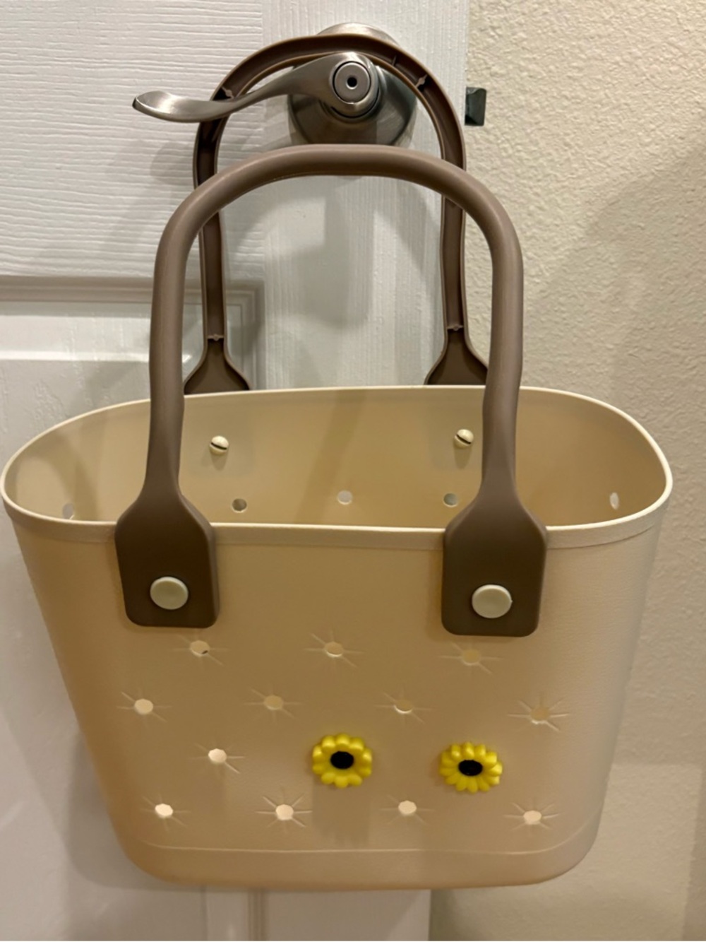 Tan cream Women's Tote Bag with Brown Handles and Yellow Flower Accents - Picture 4 of 8
